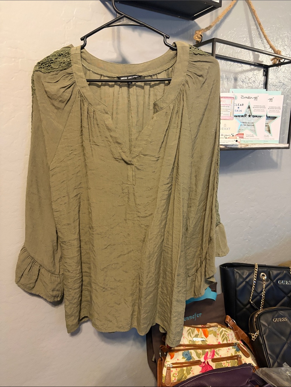 Unique Spectrum Olive Green Lace-Shoulder V-Neck Tunic